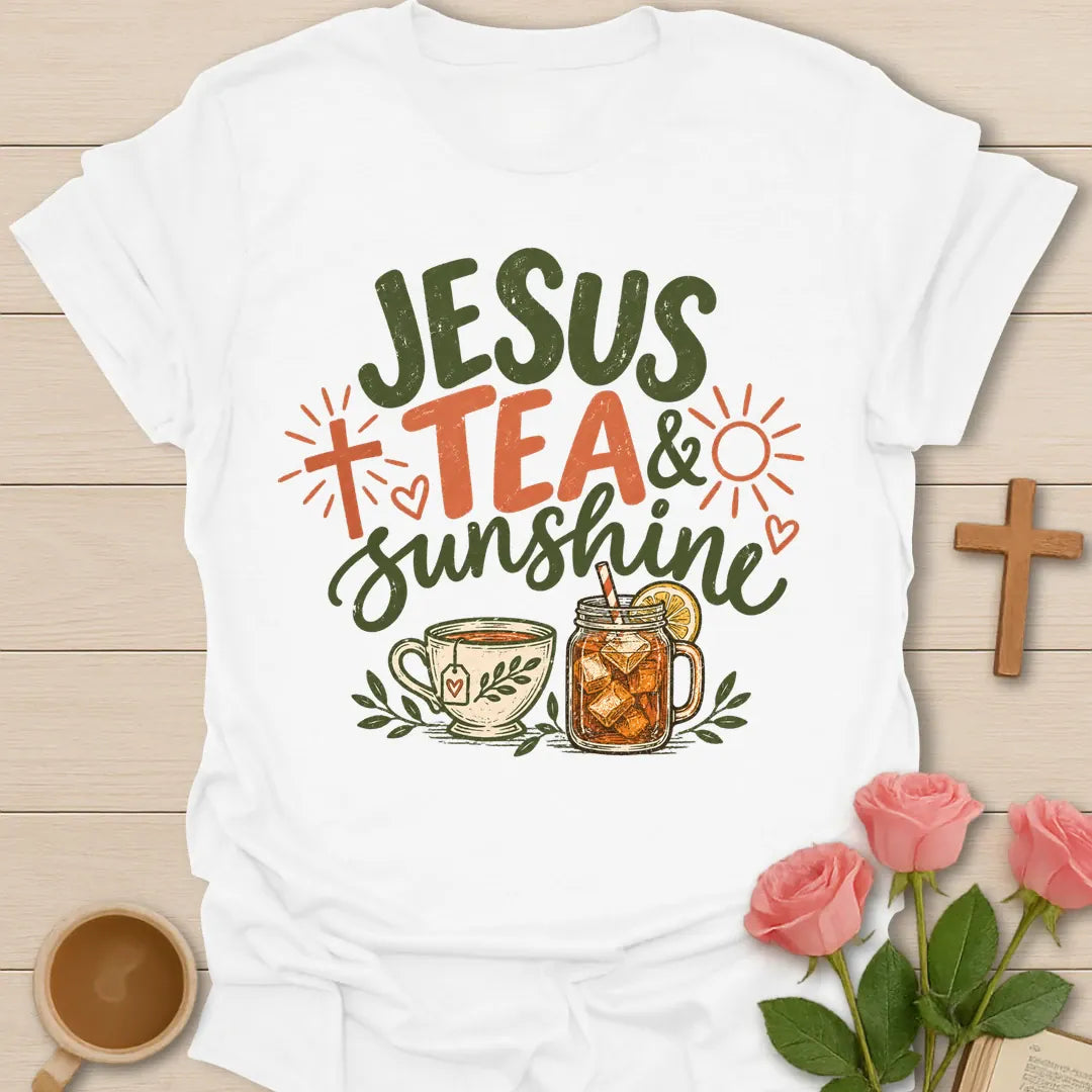 Jesus Tea & Sunshine t-shirt with green and coral lettering, a cross, a sun, a hot teacup and a mason jar of iced tea - White
