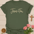 Jesus & Tea shirt with minimal hand-lettered script and a small heart - Military Green