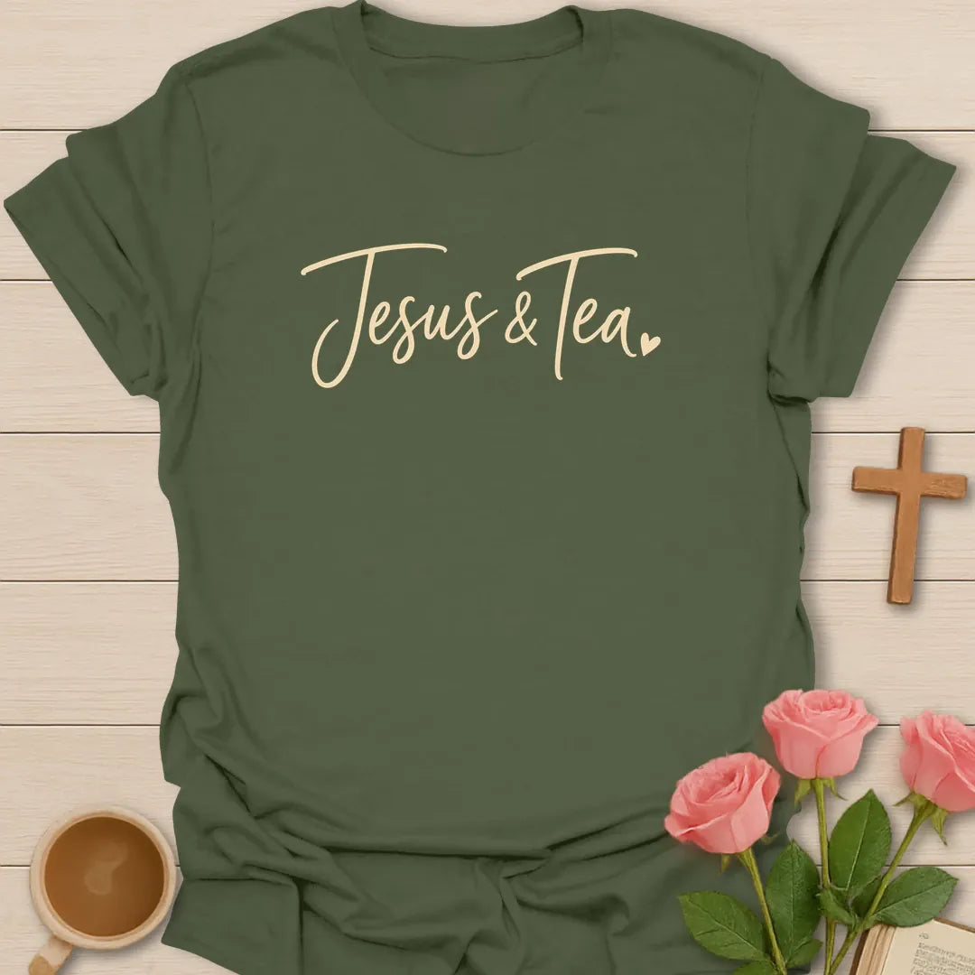 Jesus & Tea shirt with minimal hand-lettered script and a small heart - Military Green