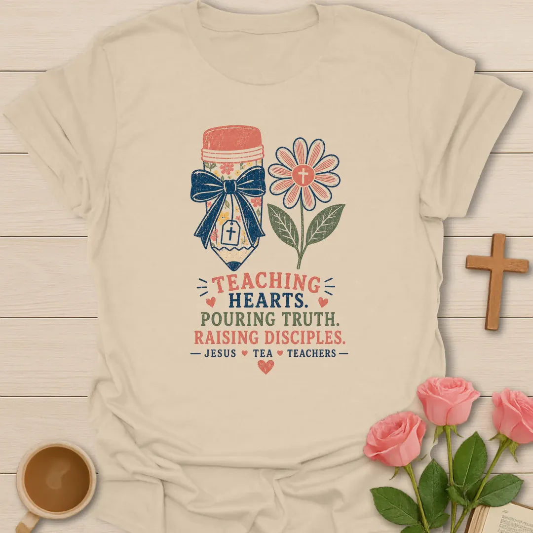 Jesus Tea and Teachers shirt with teacup, books labeled Teach Love Inspire, pencil cup, flower, hearts, and vintage boutique colors. - Sand