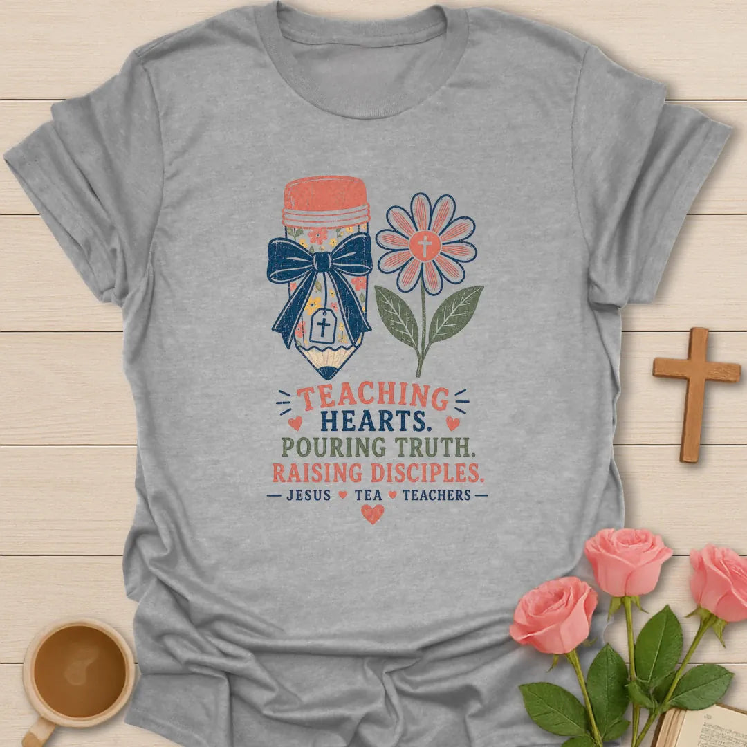 Jesus Tea and Teachers shirt with teacup, books labeled Teach Love Inspire, pencil cup, flower, hearts, and vintage boutique colors. - Sport Grey