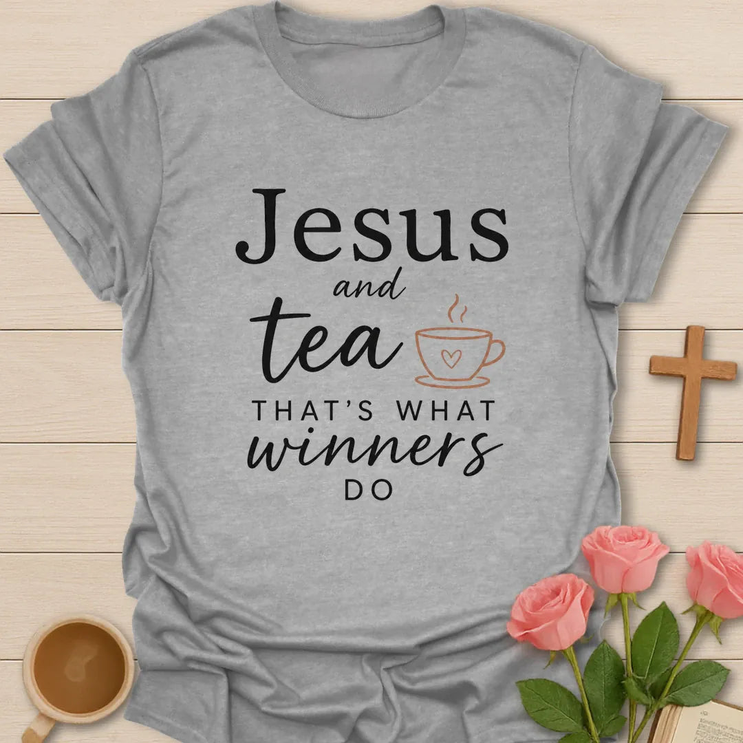Jesus and Tea That's What Winners Do shirt with teacup, cross, and bold vintage lettering. - Sport Grey