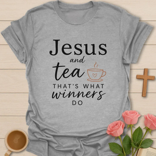 Jesus and Tea That's What Winners Do shirt with teacup, cross, and bold vintage lettering. - Sport Grey