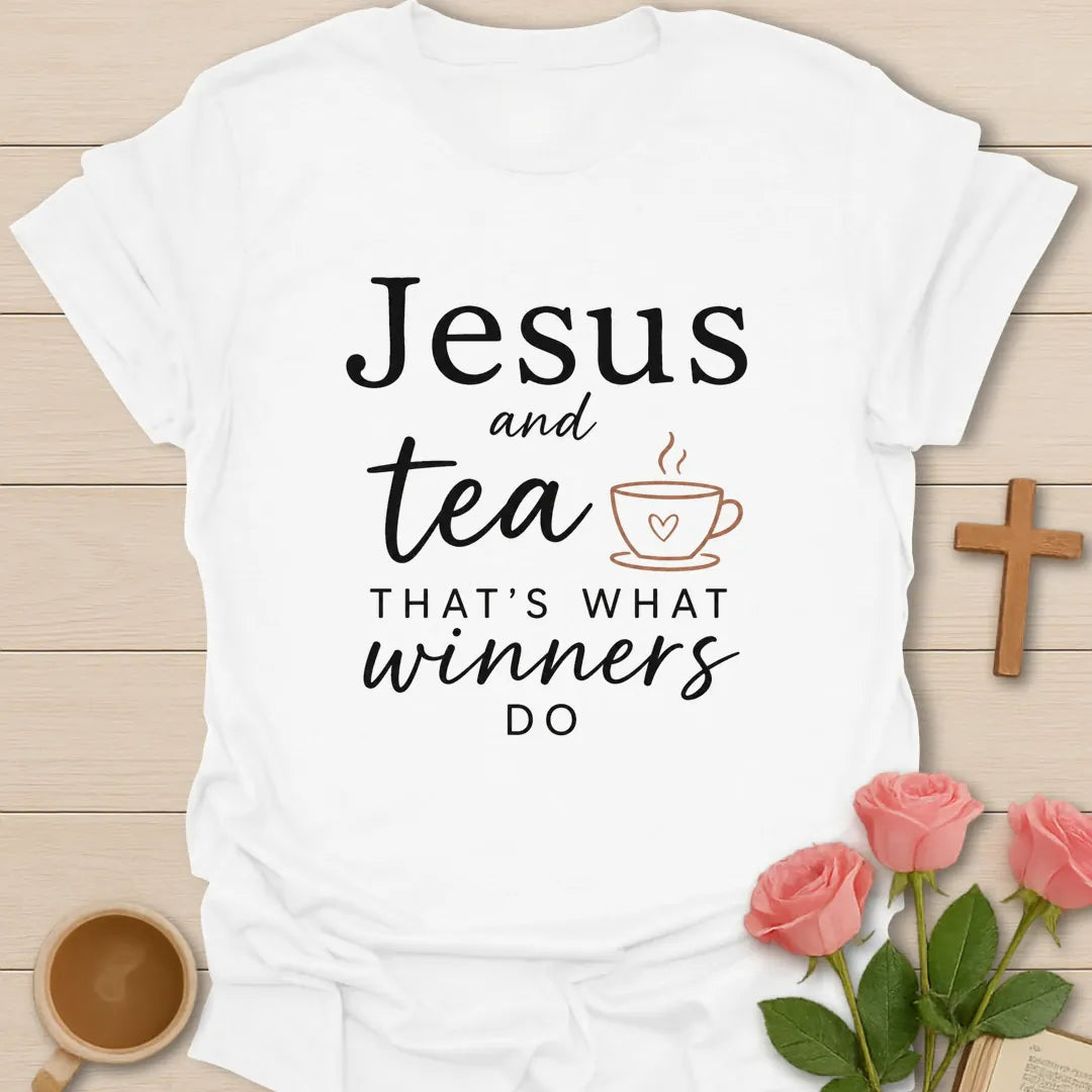 Jesus and Tea That's What Winners Do shirt with teacup, cross, and bold vintage lettering. - White