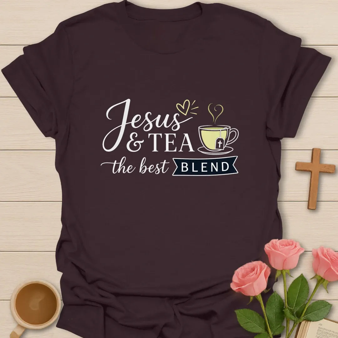 Jesus and Tea The Best Blend shirt with teacup, cross, and cream vintage lettering. - Dark Chocolate