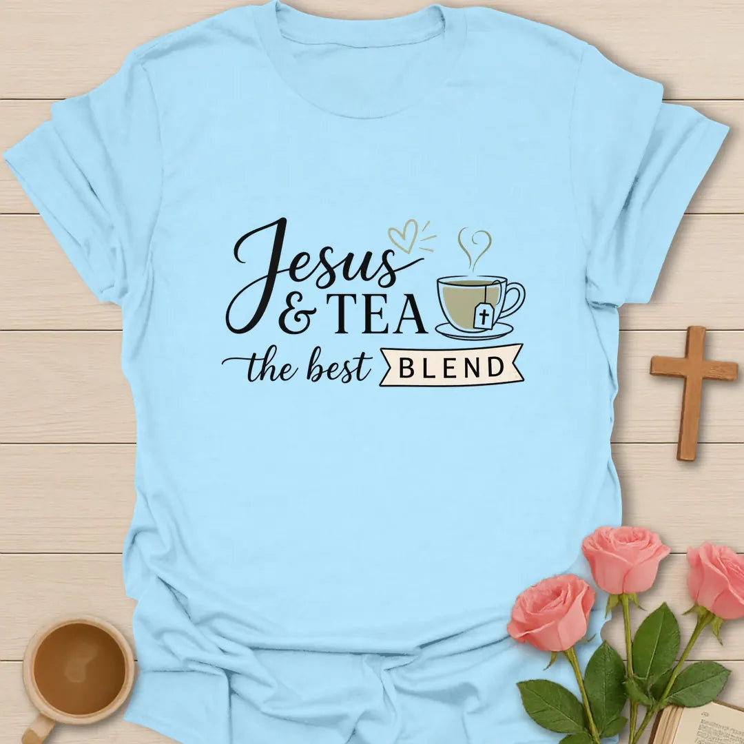 Jesus and Tea The Best Blend shirt with teacup, cross, and cream vintage lettering. - Light Blue