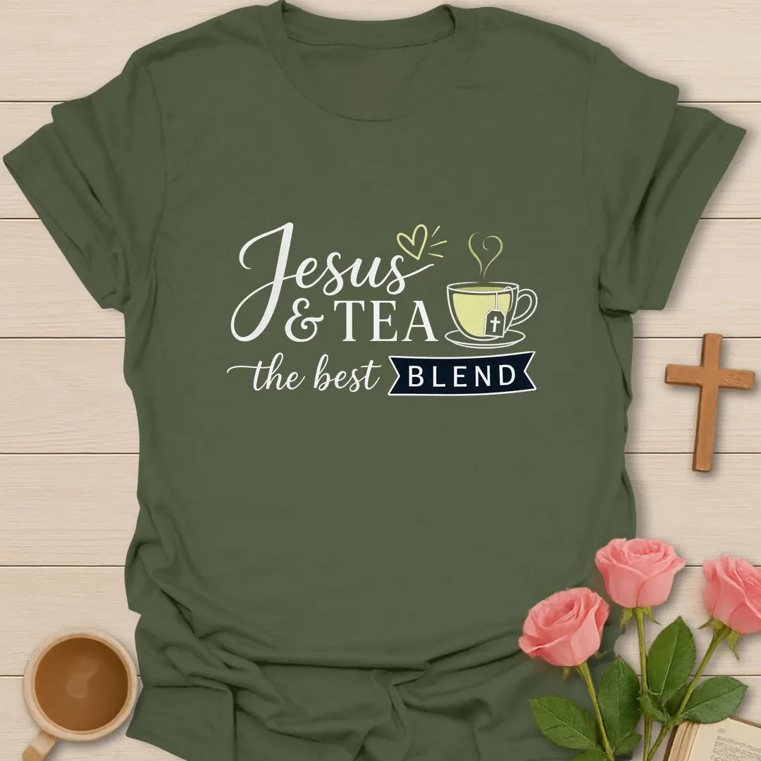 Jesus and Tea The Best Blend shirt with teacup, cross, and cream vintage lettering. - Military Green