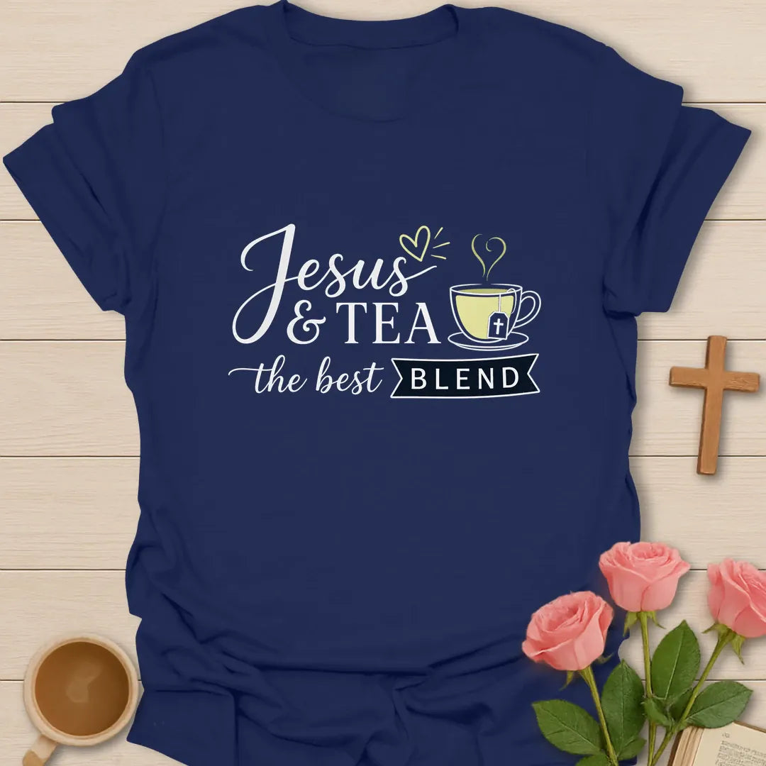 Jesus and Tea The Best Blend shirt with teacup, cross, and cream vintage lettering. - Navy