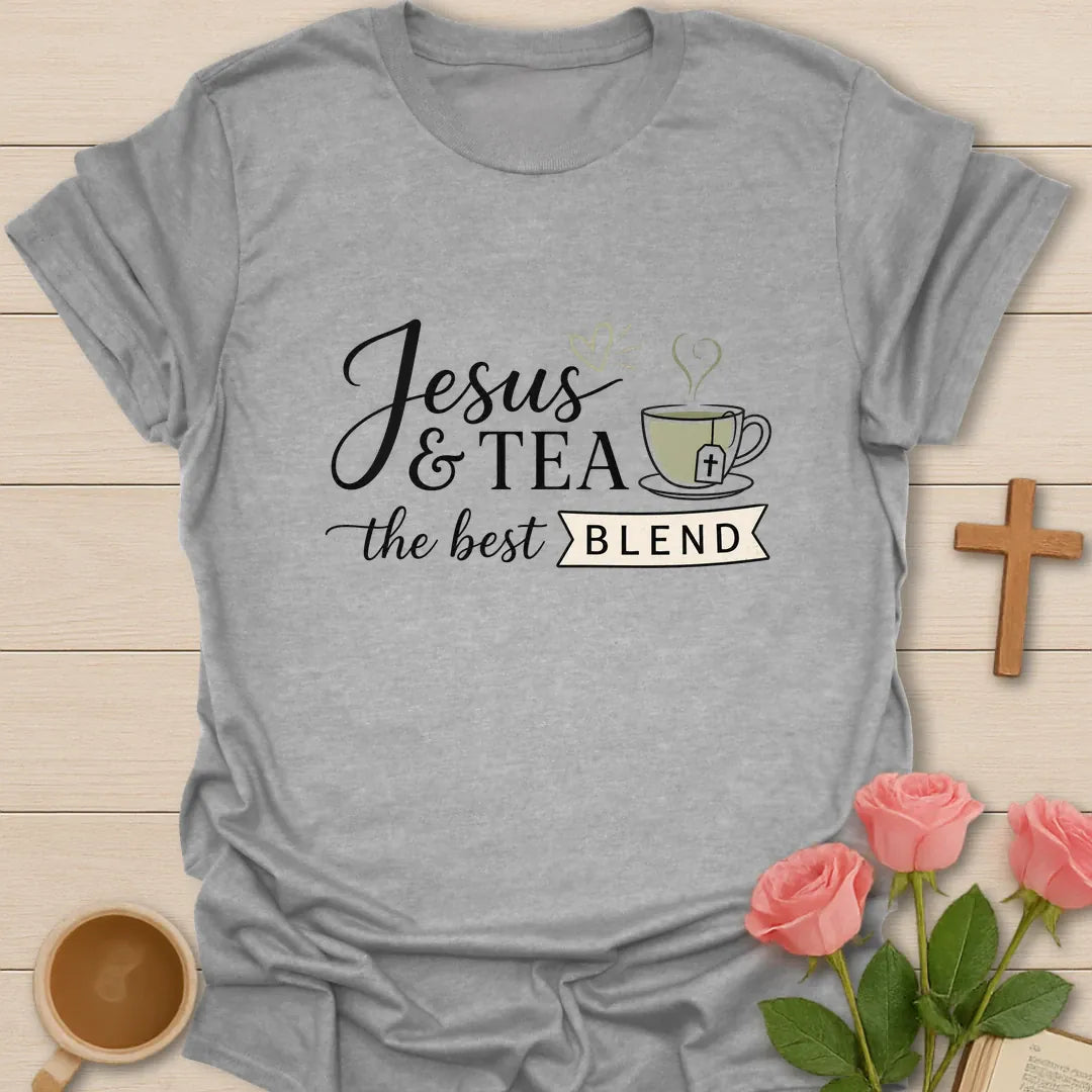 Jesus and Tea The Best Blend shirt with teacup, cross, and cream vintage lettering. - Sport Grey