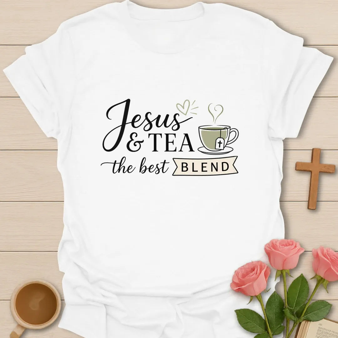 Jesus and Tea The Best Blend shirt with teacup, cross, and cream vintage lettering. - White