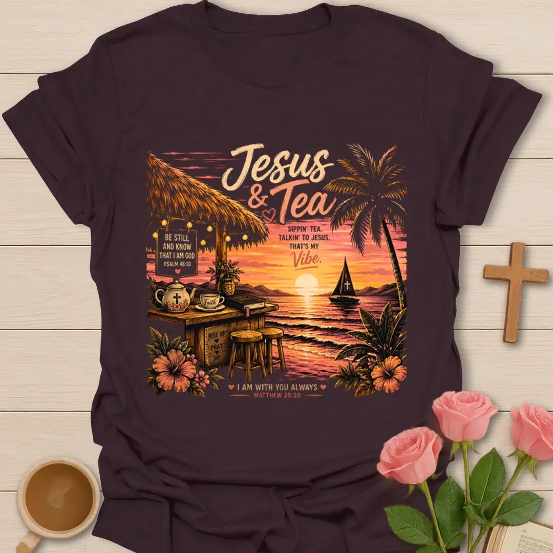 Jesus and Tea tropical shirt with sunset, palm trees, teapot, Bible, sailboat, Psalm 46:10 sign, and Matthew 28:20 text. - Dark Chocolate