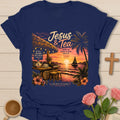Jesus and Tea tropical shirt with sunset, palm trees, teapot, Bible, sailboat, Psalm 46:10 sign, and Matthew 28:20 text. - Navy