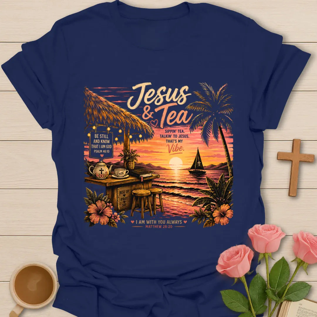 Jesus and Tea tropical shirt with sunset, palm trees, teapot, Bible, sailboat, Psalm 46:10 sign, and Matthew 28:20 text. - Navy