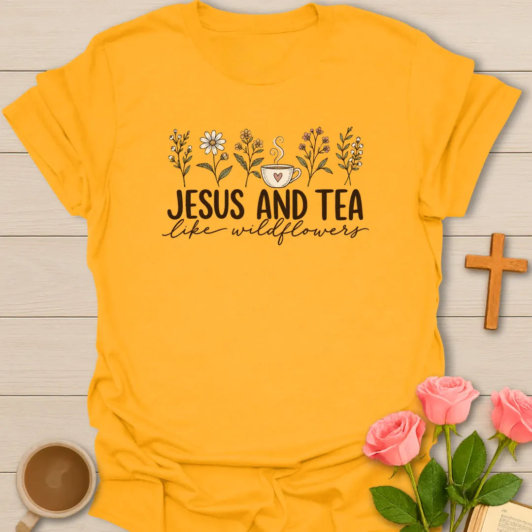 Jesus and Tea Like Wildflowers Christian t-shirt with a row of hand-drawn wildflowers around a small teacup - Gold