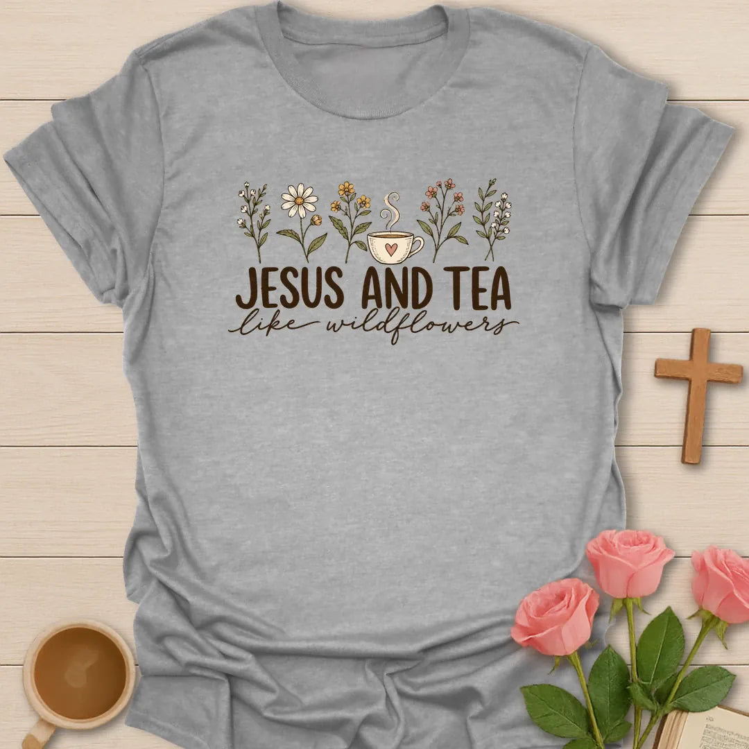 Jesus and Tea Like Wildflowers Christian t-shirt with a row of hand-drawn wildflowers around a small teacup - Sport Grey