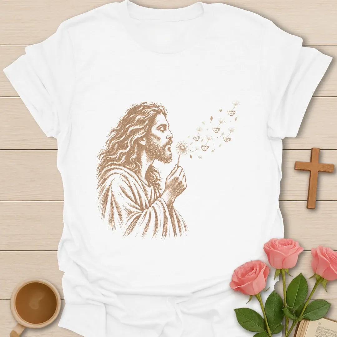 Jesus Tea Wish t-shirt with holiday wish list lettering and tea cup faith design - White