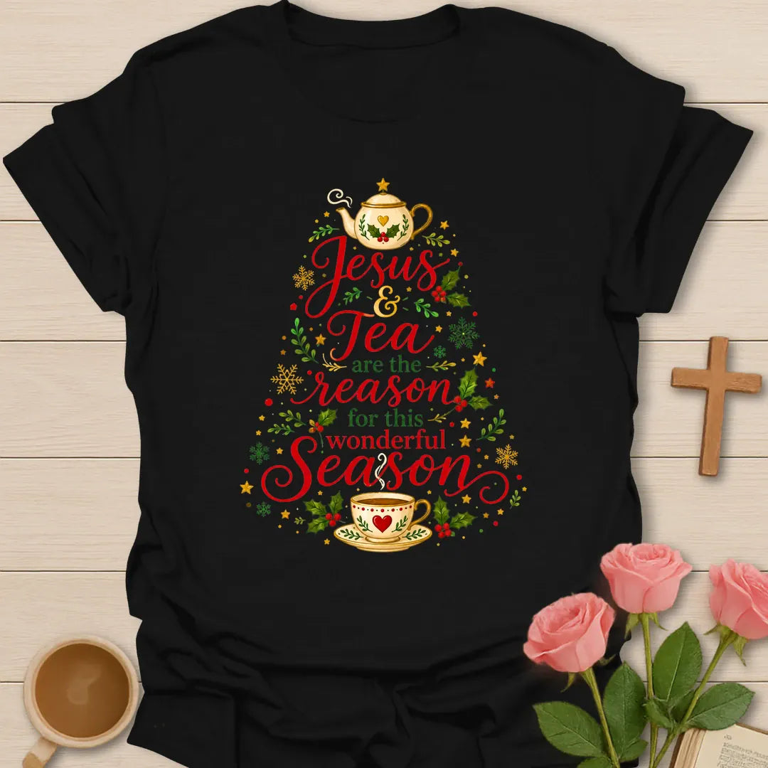 Jesus and Tea Most Wonderful Season Christmas shirt with cozy holiday lettering - Black