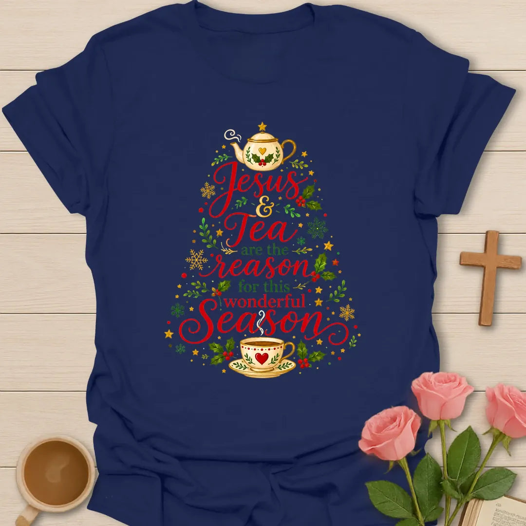 Jesus and Tea Most Wonderful Season Christmas shirt with cozy holiday lettering - Navy
