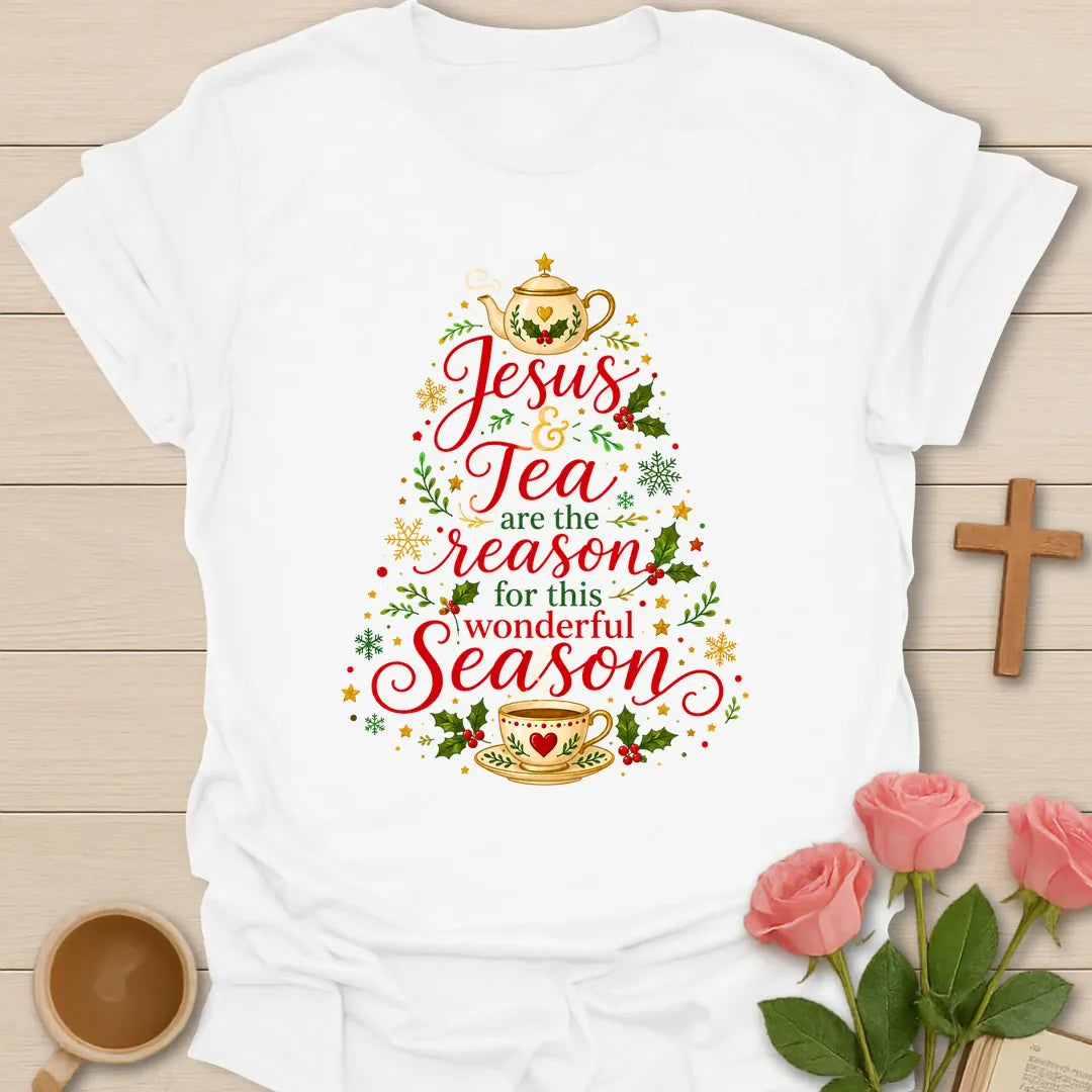 Jesus and Tea Most Wonderful Season Christmas shirt with cozy holiday lettering - White
