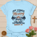 Joy and Tea Morning Christian t-shirt with morning motif and faith-inspired lettering - Light Blue