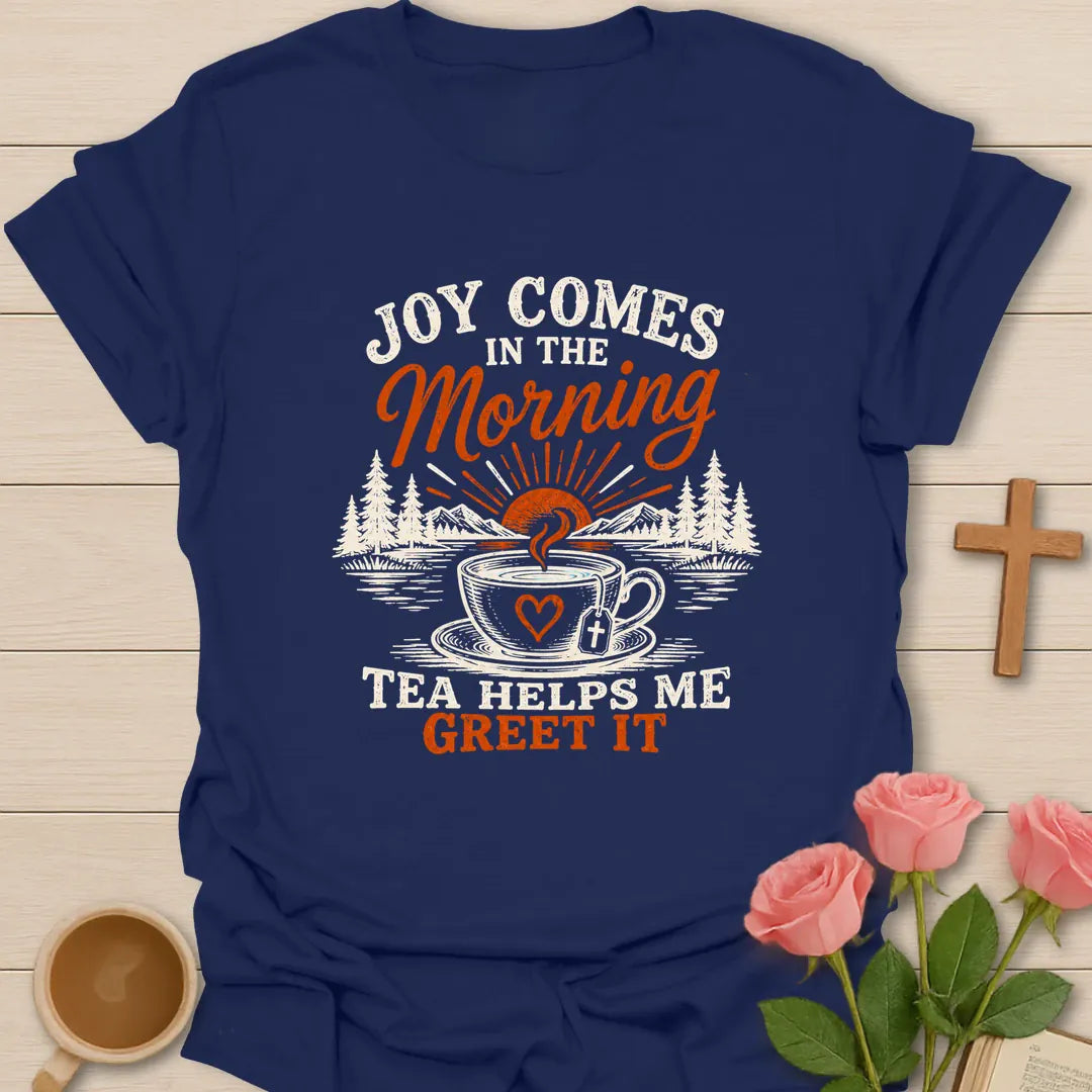 Joy and Tea Morning Christian t-shirt with morning motif and faith-inspired lettering - Navy