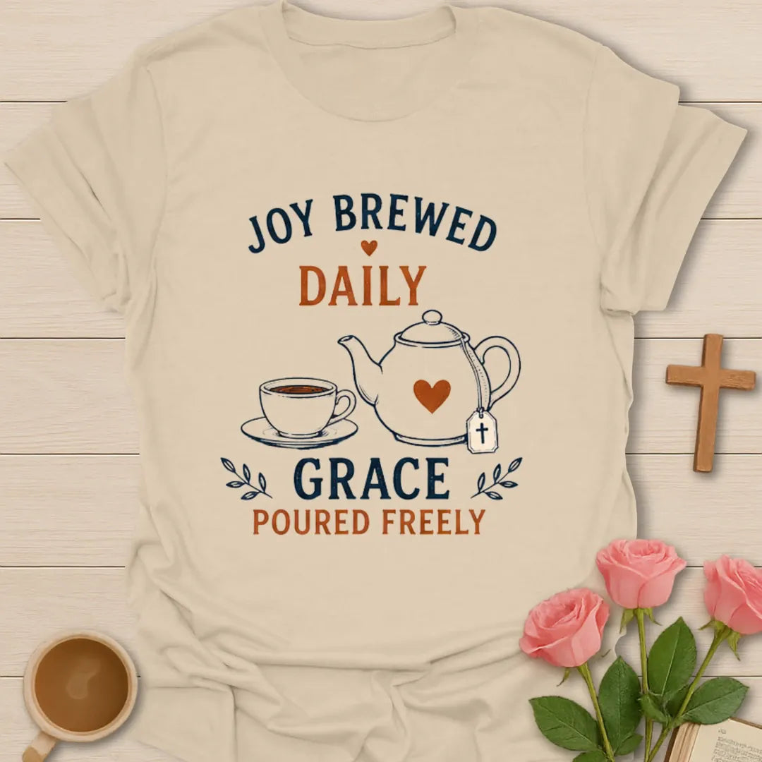 Joy Brewed Daily Christian tea t-shirt with cheerful lettering and faith-inspired design - Sand