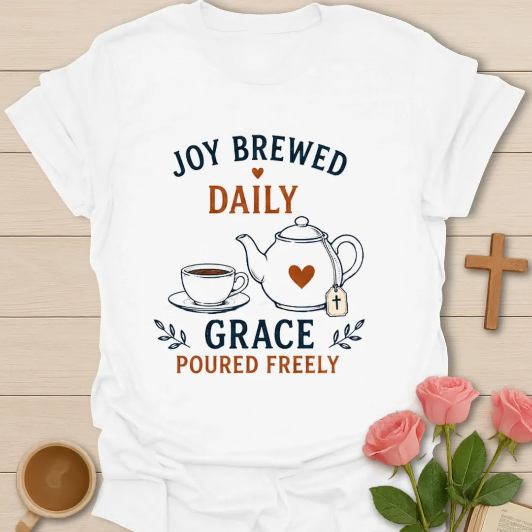 Joy Brewed Daily Christian tea t-shirt with cheerful lettering and faith-inspired design - White