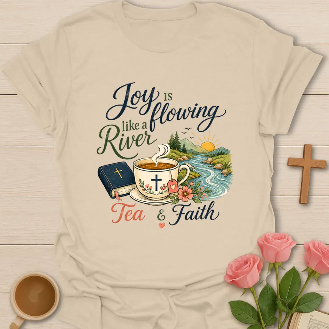 Joy Is Flowing Like A River shirt with teacup, Bible, river, mountains, sunrise, flowers, and tea faith text. - Sand