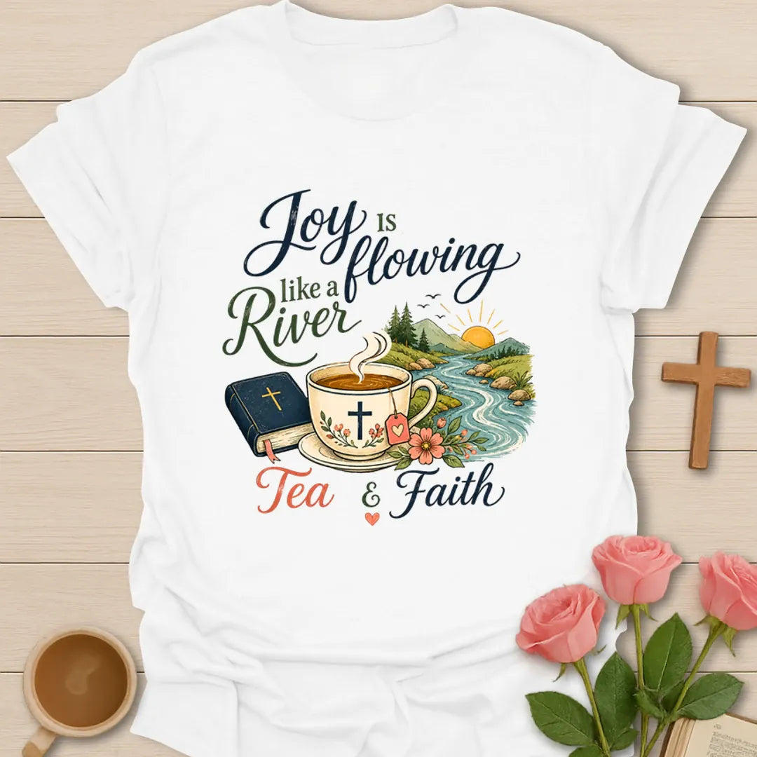 Joy Is Flowing Like A River shirt with teacup, Bible, river, mountains, sunrise, flowers, and tea faith text. - White