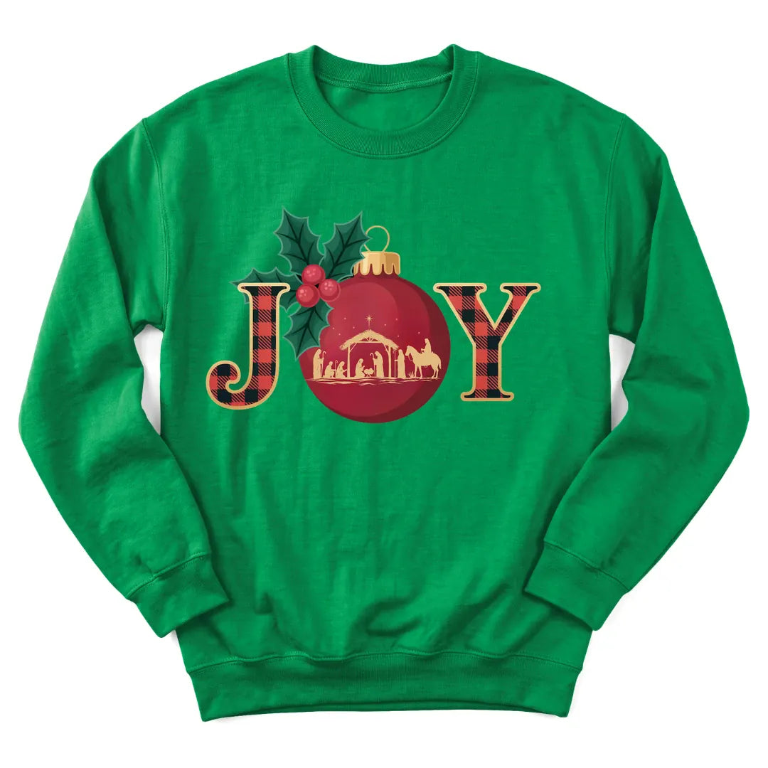 Joy Nativity Christmas sweatshirt with manger scene and star - Irish Green