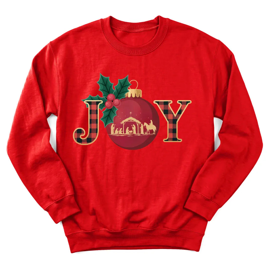 Joy Nativity Christmas sweatshirt with manger scene and star - Red