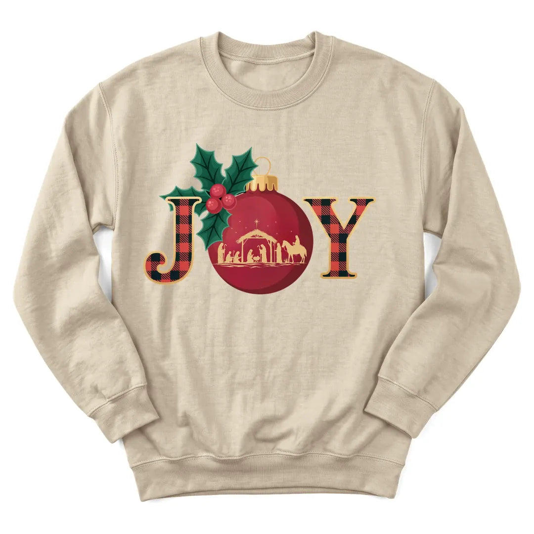 Joy Nativity Christmas sweatshirt with manger scene and star - Sand