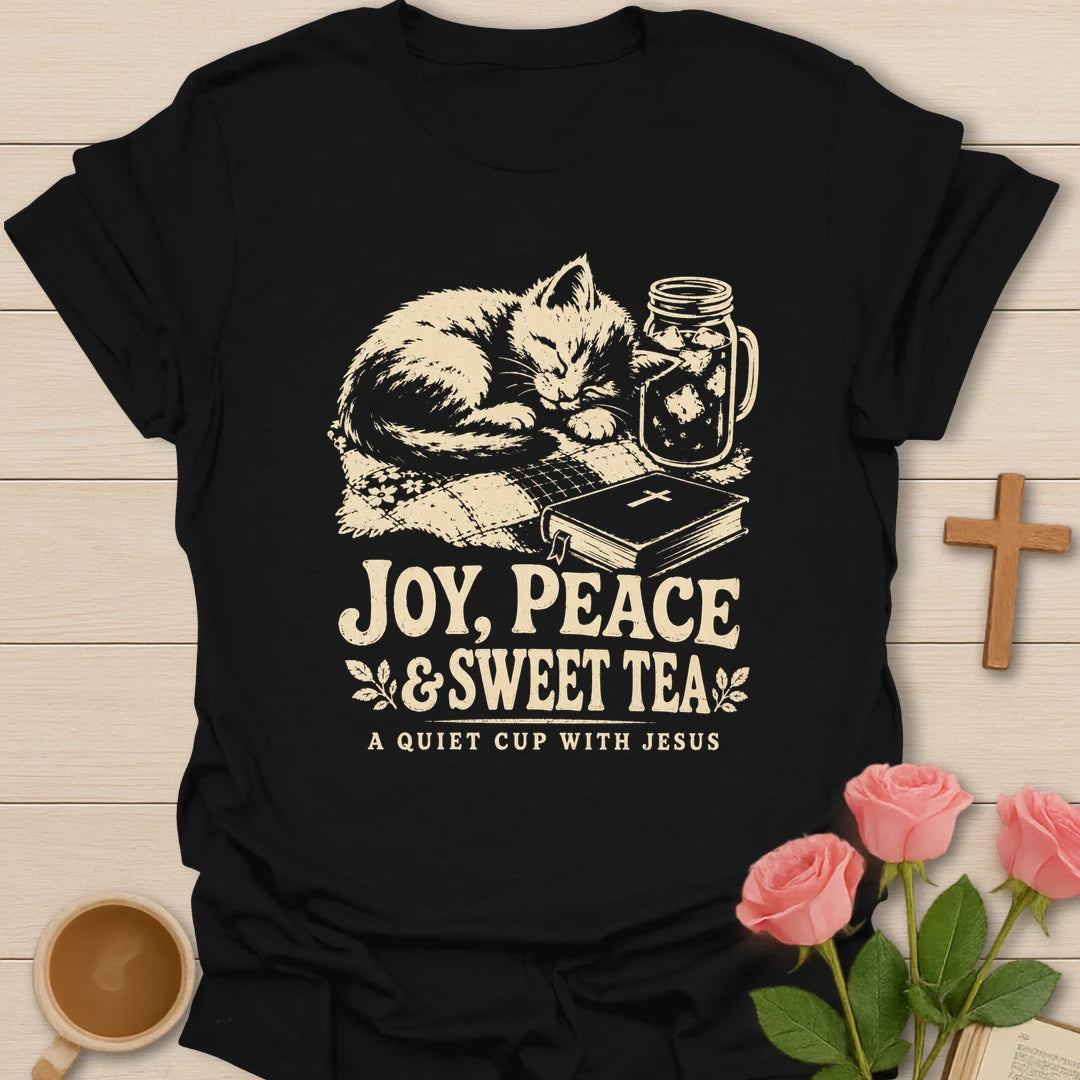 Joy Peace and Tea shirt with teacup and faith-inspired lettering. - Black