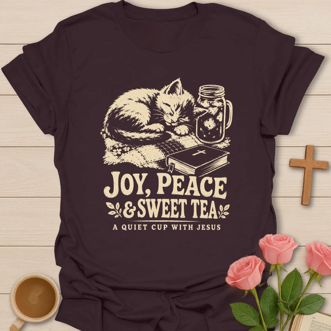 Joy Peace and Tea shirt with teacup and faith-inspired lettering. - Dark Chocolate