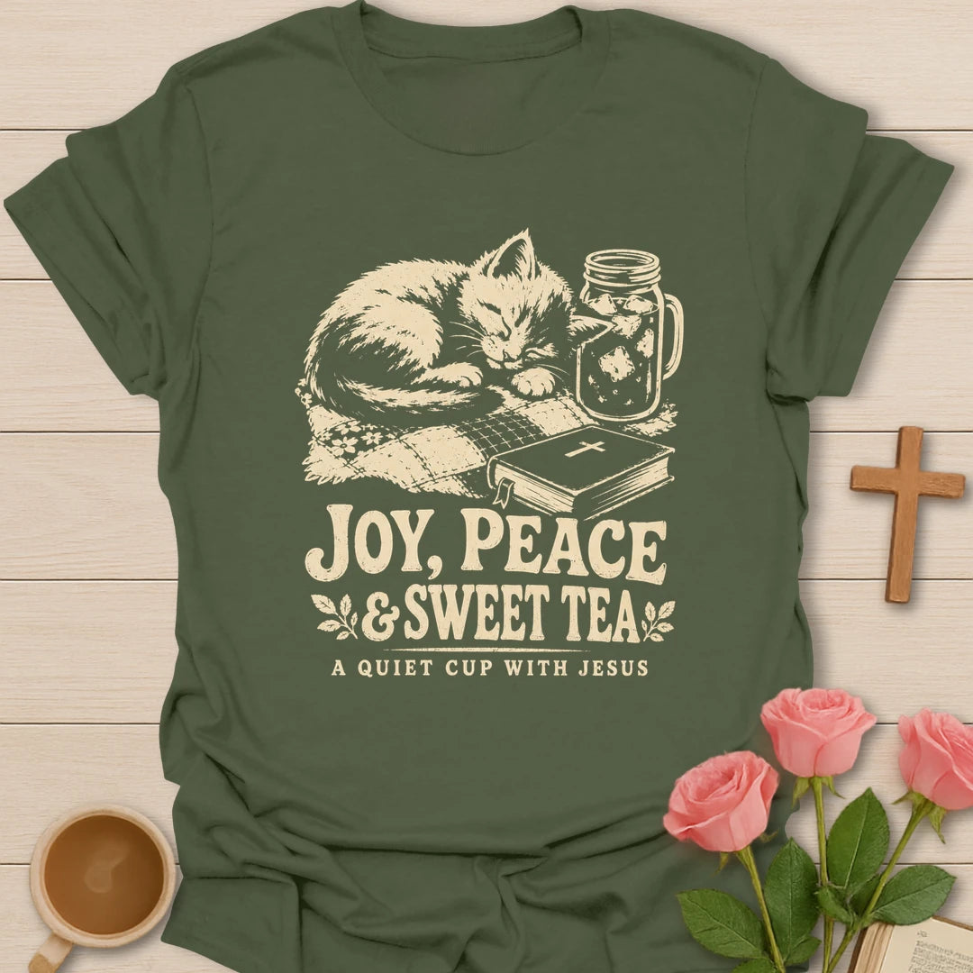 Joy Peace and Tea shirt with teacup and faith-inspired lettering. - Military Green
