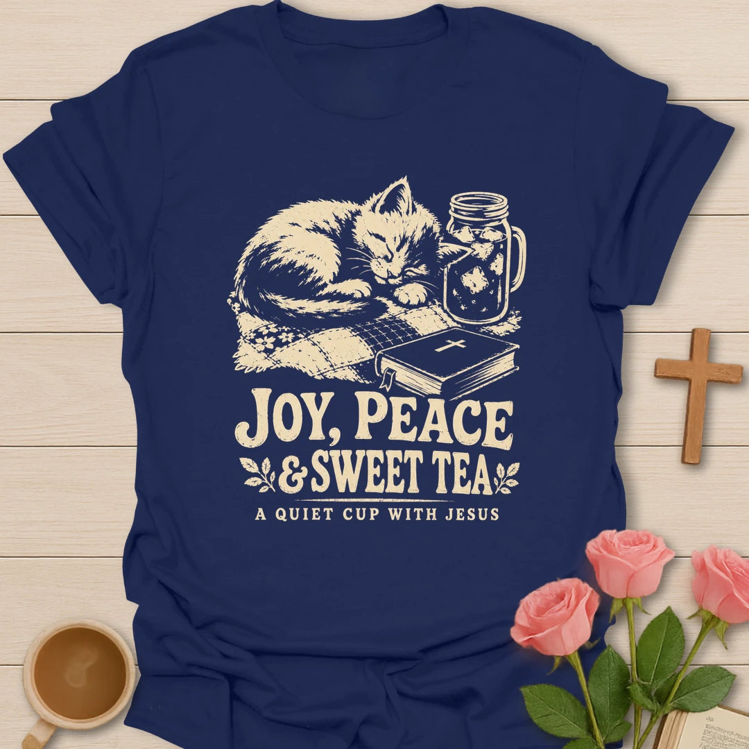 Joy Peace and Tea shirt with teacup and faith-inspired lettering. - Navy