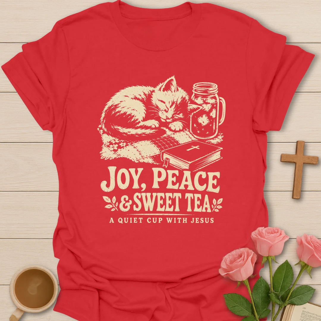 Joy Peace and Tea shirt with teacup and faith-inspired lettering. - Red