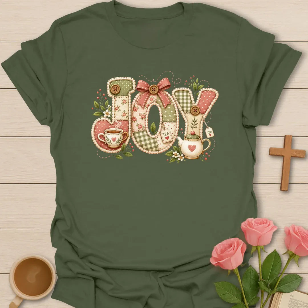 Joy Tea faux patchwork shirt with stitched fabric letters, pink bow, teacup, teapot, tea tags, florals, and soft cottagecore colors. - Military Green