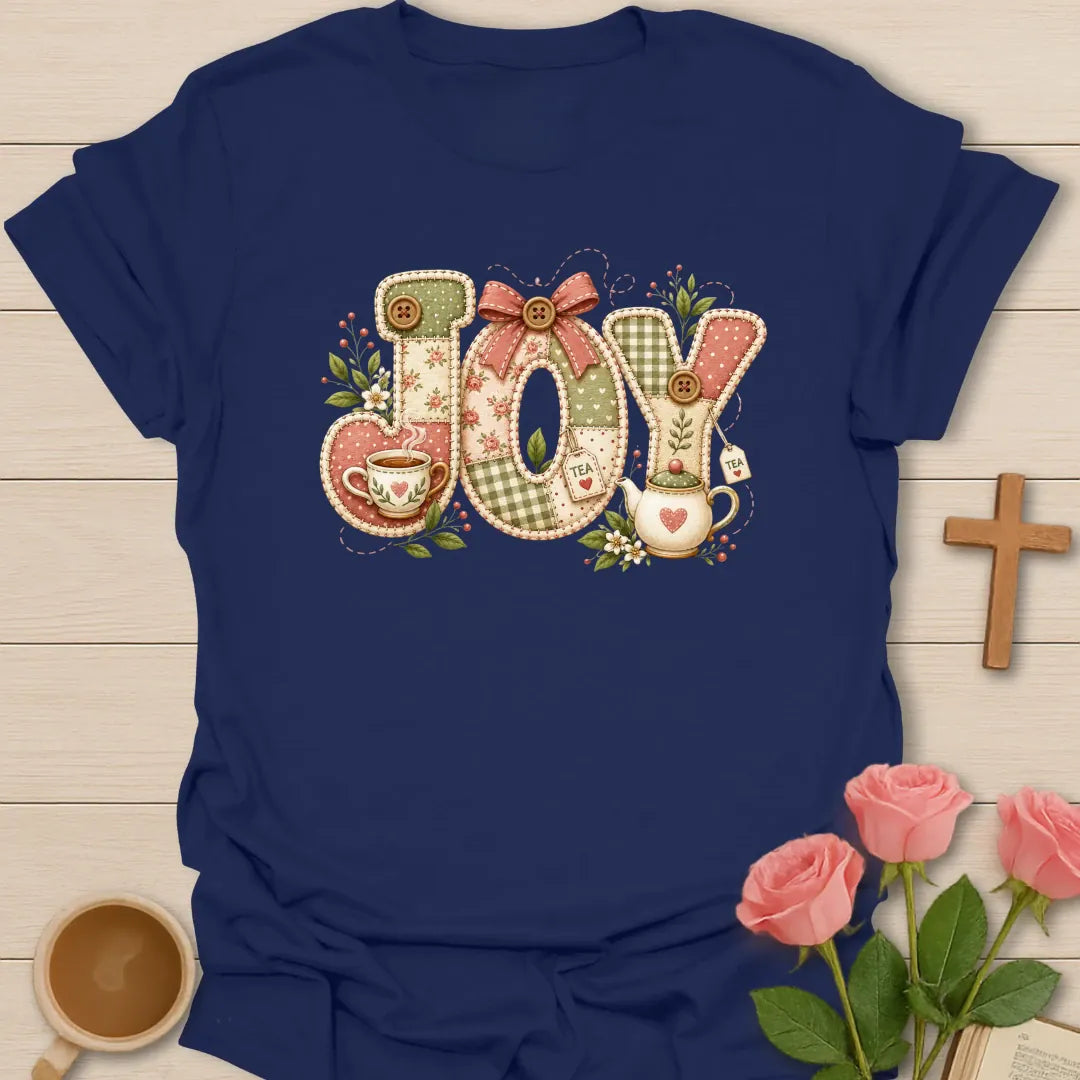 Joy Tea faux patchwork shirt with stitched fabric letters, pink bow, teacup, teapot, tea tags, florals, and soft cottagecore colors. - Navy