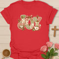 Joy Tea faux patchwork shirt with stitched fabric letters, pink bow, teacup, teapot, tea tags, florals, and soft cottagecore colors. - Red