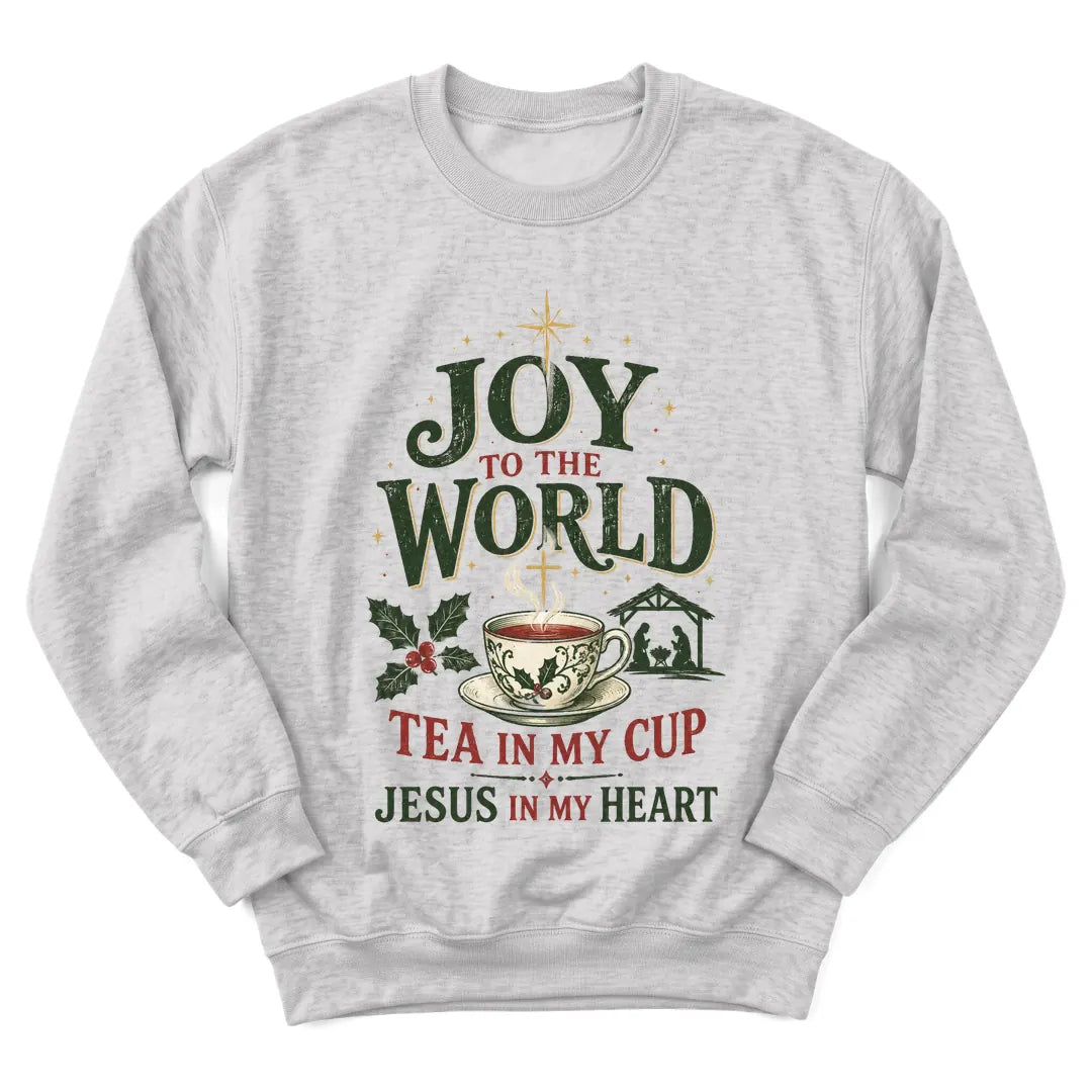 Joy To The World Christmas sweatshirt with festive teacup and holiday lettering - Ash