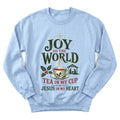 Joy To The World Christmas sweatshirt with festive teacup and holiday lettering - Light Blue
