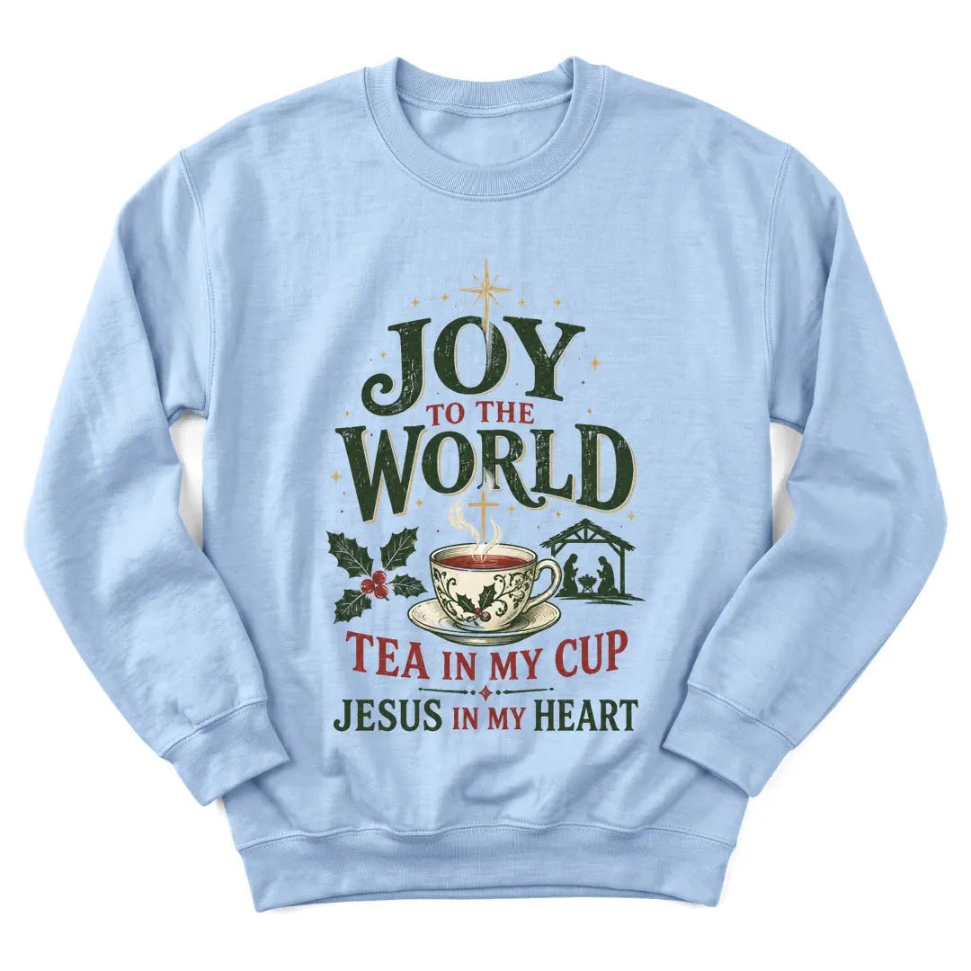 Joy To The World Christmas sweatshirt with festive teacup and holiday lettering - Light Blue