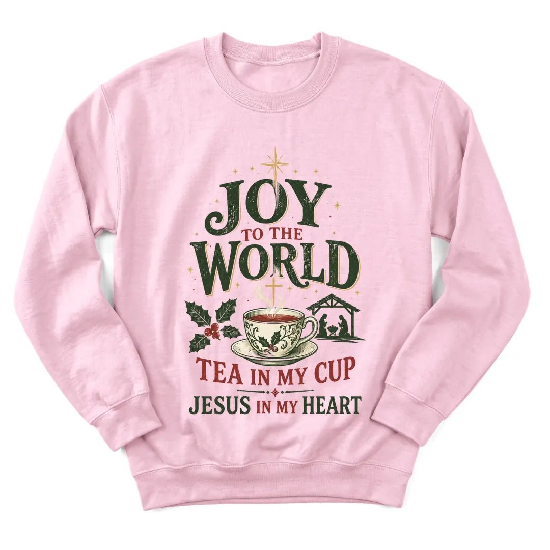 Joy To The World Christmas sweatshirt with festive teacup and holiday lettering - Light Pink