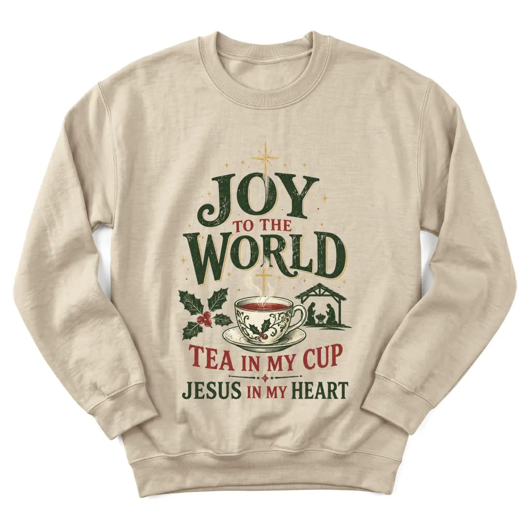 Joy To The World Christmas sweatshirt with festive teacup and holiday lettering - Sand