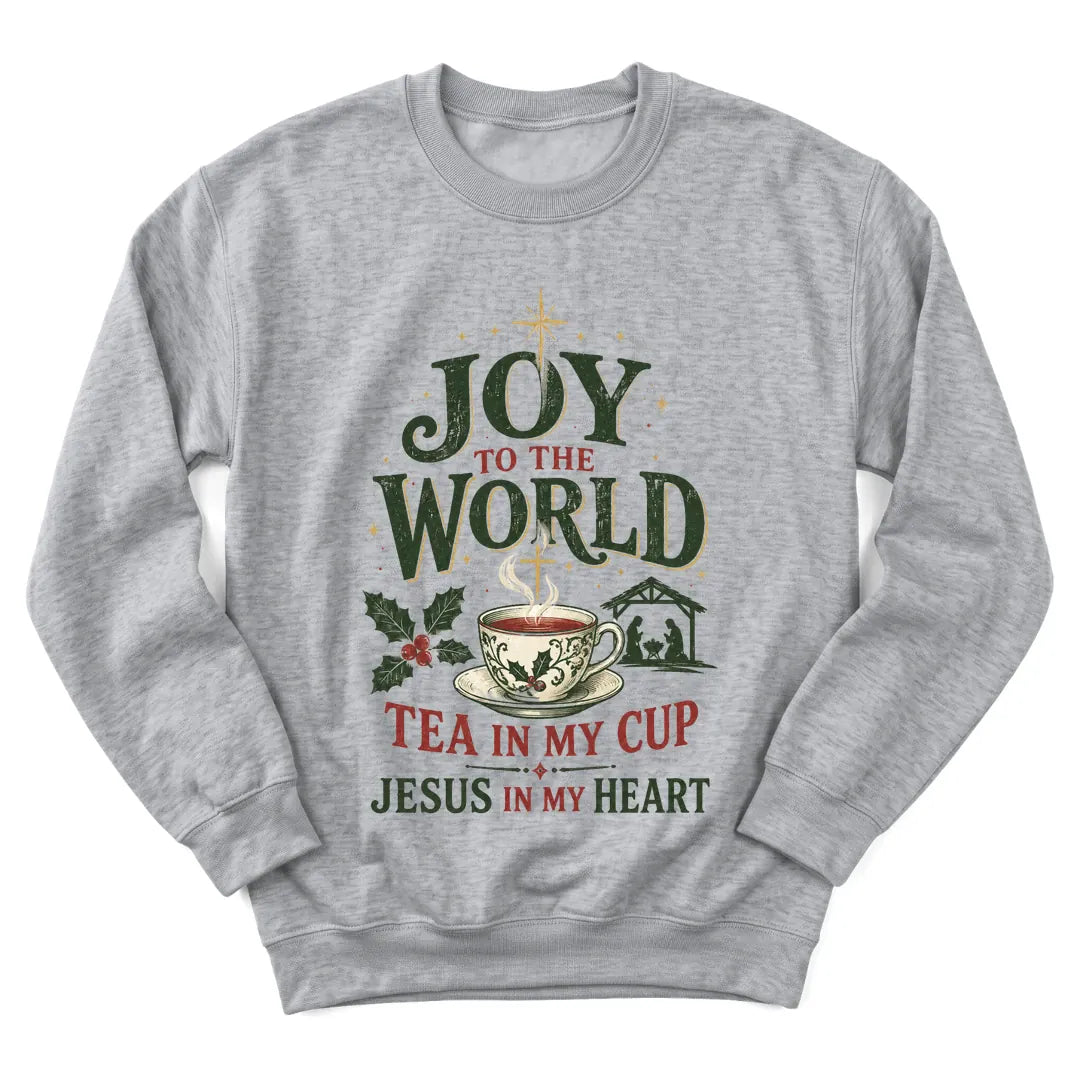 Joy To The World Christmas sweatshirt with festive teacup and holiday lettering - Sport Grey