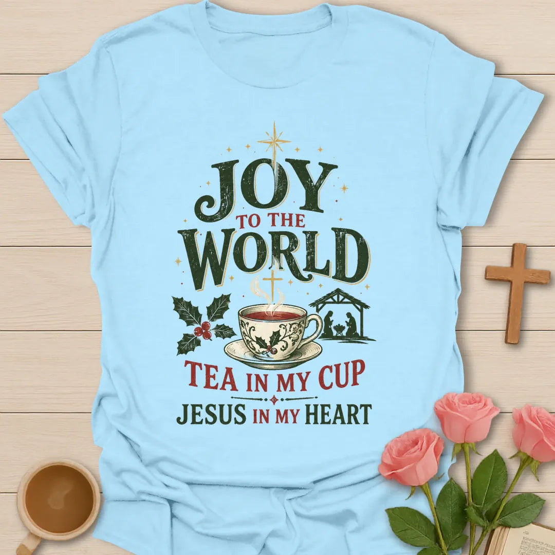 Joy To The World Christian Christmas T-shirt with teacup cross nativity and holly - Light Blue