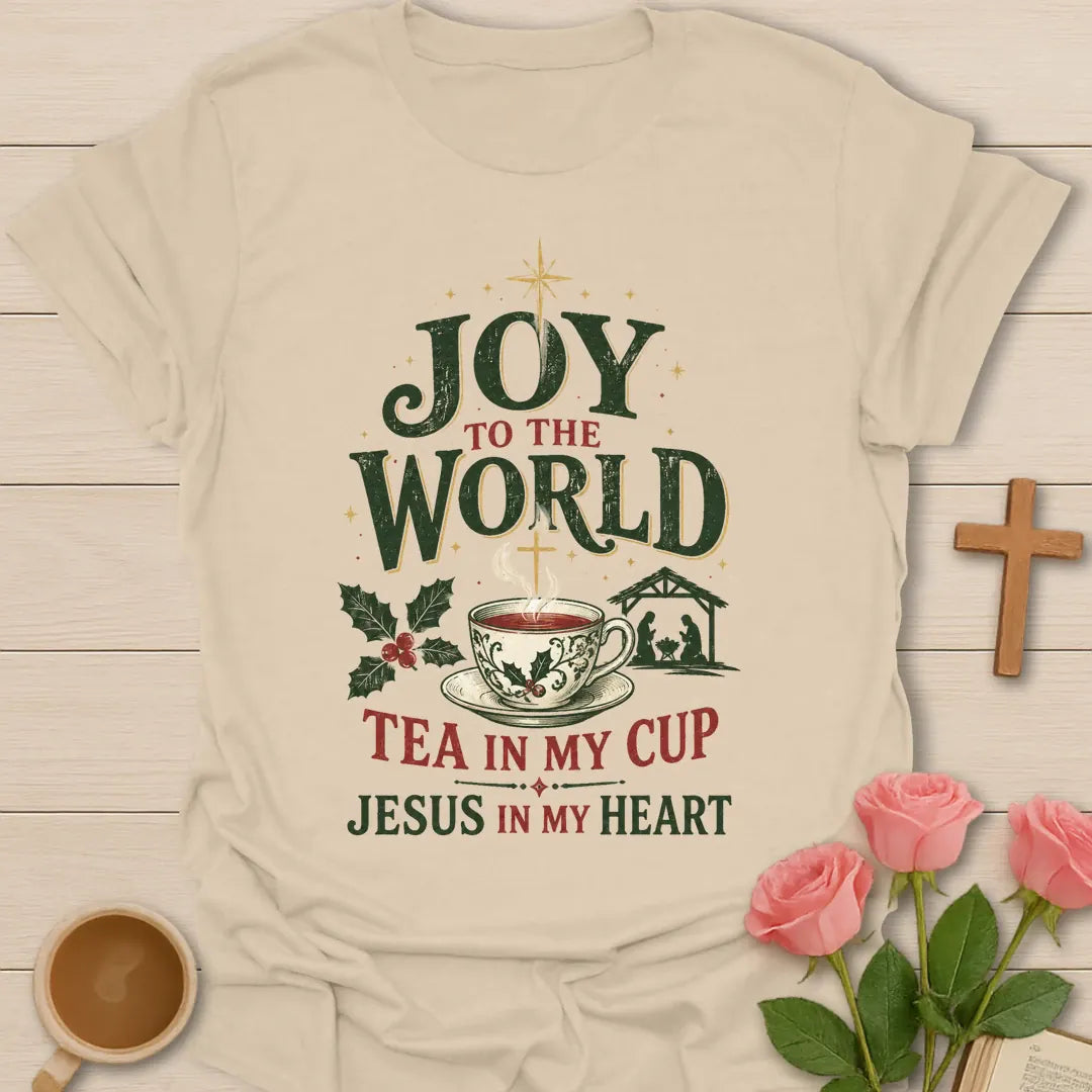 Joy To The World Christian Christmas T-shirt with teacup cross nativity and holly - Sand