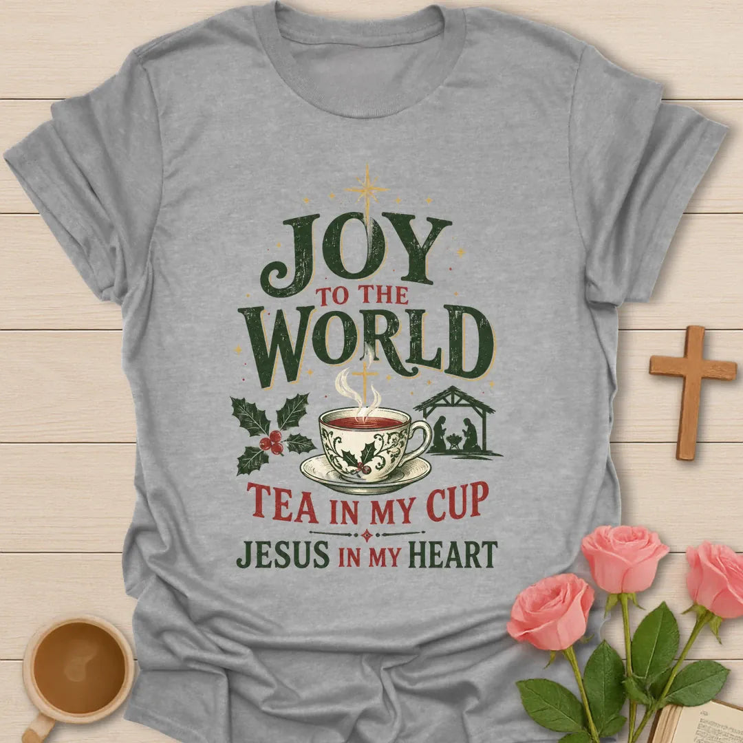 Joy To The World Christian Christmas T-shirt with teacup cross nativity and holly - Sport Grey