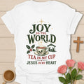 Joy To The World Christian Christmas T-shirt with teacup cross nativity and holly - White